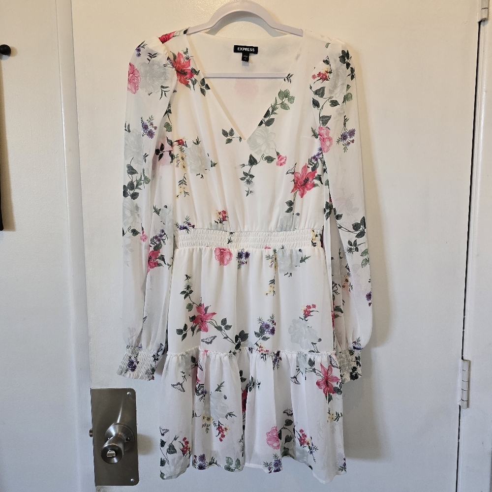 Express | Floral White Smocked Waist Ruffle Dress, Size XS